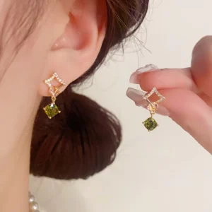 Hollow Square Copper Dangle Earrings with Olive Green Stone and Rhinestones for Women