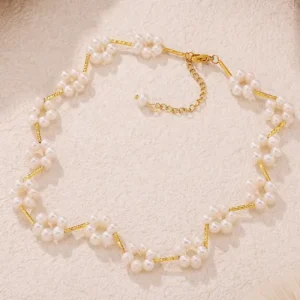 Hot Freshwater Pearl Flower Necklace Women Gold Choker Stainless Steel Handmade Collarbone No Rust Bride Wedding