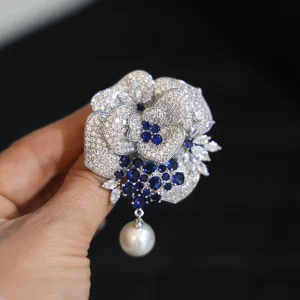 Huashan Camellia Tassel Brooch Copper Zircon Pin Natural Pearl Pin