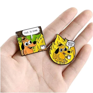 Humor Animal Dog Plated Metal Enamel Pins Cute Cartoon Fire Design This Is Fine Brooches Badges for Kids