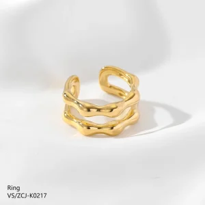 Hypoallergenic 304 Stainless Steel 18K Gold-Plated Double-Layer Hollow-Out Irregular-Line Open Rings