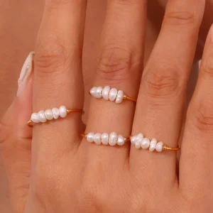 Hypoallergenic 316L Stainless Steel Rings with Freshwater Pearl, 18k Gold-Plated, Waterproof