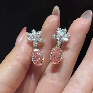 IGI Certified 18K Gold Flower Stud Earrings with Pink Oval Cut Lab Grown Diamond Drop