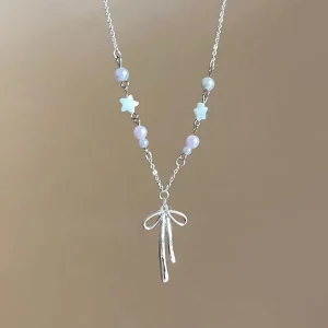 INS Bowknot Choker Fine Jewelry Women Cute Plastic Bead Star Bow Necklace