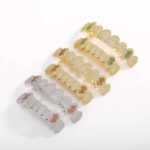 Iced Cubic Zirconia Diamond Top and Bottom Teeth Grillz for Hip-Hop