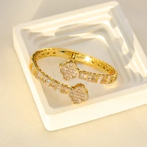 Iced Out CZ Flower Bangle Diamond 18K Gold Plated Bracelet Crystal