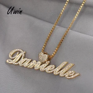 Iced Out CZ Heart Bail Stainless Steel Rhinestones Name Plate Pendant Heart Name Charm Personalized Initial Pendant Jewelry