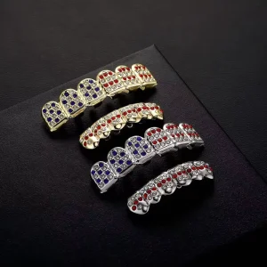 Iced Out Colored CZ Teeth Grillz Copper Unisex Hip Hop Party Jewelry