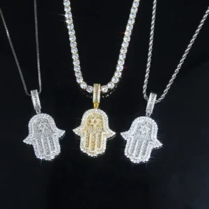 Iced Out Cz Diamond Hasma Hand Necklace Trendy Jewelry Designers Pendant Charms