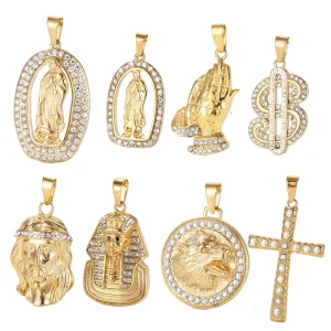 Iced Out Dollar Sign Pendant for Men Hip Hop Diamond Jesus Piece Virgin Mary Stainless Steel 18K Gold Praying Hand Pendant