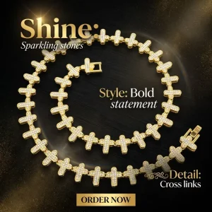 Iced Religious Cross Cuban Link Chain Set Zinc Alloy Gold-Plated Crystal CZ Cross Necklace and Bracelet for Men