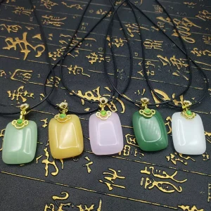 Imitation Jade Safety Clasp Wushipai Pendant Necklace, Hotan Jade, Long Sweater Chain