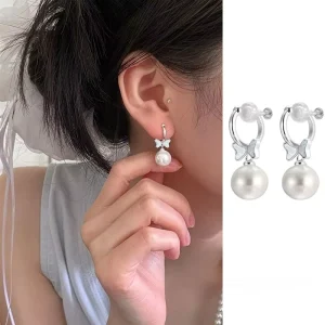 Imitation Pearl Butterfly Shape Silver Plated Copper Alloy Clip-On Earrings for Women