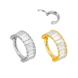 Implant-Grade F136 Titanium Hinged Segment Hoop Ring with Rectangle CZ Paved Side Nose Ring Body Piercing Jewelry