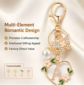 Initial Letter Heart Butterfly Pearl Keychain Crystal Diamond Bag Charm Gold