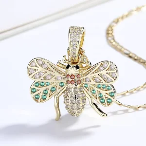 Insect Shape Green and Red Charm Pendant With Chain Zircons Fine Jewelry Necklace for Women