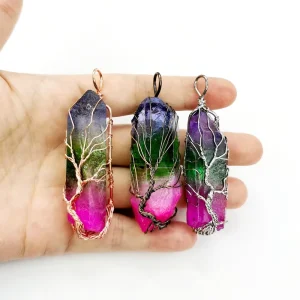 Irregular Rainbow Aura Stone Handmade Wire-Wrapped Quartz Chakra Tree of Life Pendant Necklace