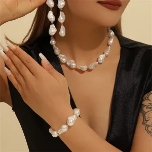 Irregularly Designed Glass Baroque Pearl Set Versatile Necklace Bracelet Earring Fashionable Party Accessories