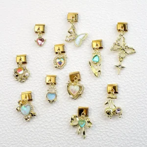 Italian Charm Bracelet 14K Gold Plated 304 Stainless Steel 9mm x 10mm Module with Diamond Pendant