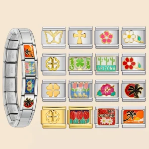 Italian Charm Bracelet with Coconut Tree and Flower Charms, 9mm Enamel Stainless Steel Links