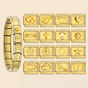 Italian Charm Bracelet with Heart, Butterfly and Sun Enamel Charms, 9mm Stainless Steel Links