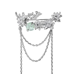 Jasmine Flower Tassel Brooch with Green Cubic Zirconia and Silver
