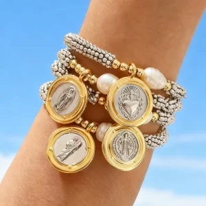 Jesus Charm Snowflake Beaded Elastic Bracelet, 18K Gold-Plated Imitation Pearl Heart Jewelry Set for Women