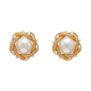 Korean Flower Pearl Stud Earrings for Women, Zinc Alloy