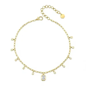 Lab-Grown Diamond Baguette Charm Necklace Gold-Plated Octagon Rectangle Pendant Link Chain for Women