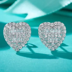 Lab Grown Diamond Heart Stud Earrings with VVS Moissanite, Rhodium S925 Sterling Silver