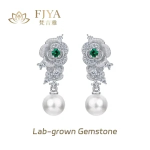 Lab Grown Emerald Pearl Vintage Stud Earrings S925 Sterling Silver Hand Brushed