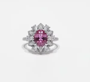 Lab-Grown Pink Sapphire Egg-Shaped Floral 925 Sterling Silver Ring, 7×9 mm, Rhodium Plated