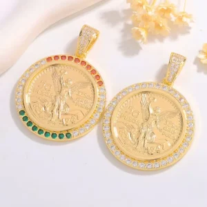 Lady Liberty Angel 50 Gold Coin Pendant Copper Zircon Personalized Double Sided Religious Charm 18K Gold Diamond Studded