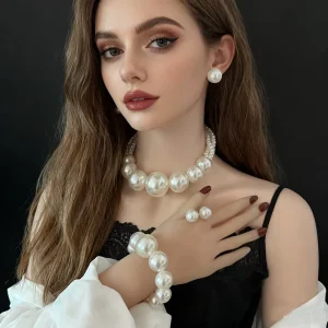 Large Pearl Bridal Jewelry Set with Gold Beaded Necklace, Bracelet, and Ring