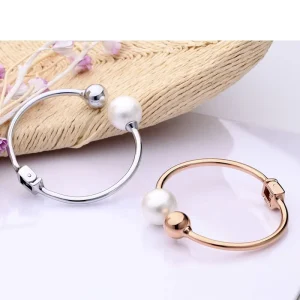 Large Pearl Polished Ball Line Cuff Bracelet, Hinged Clasp, Steel, Women’s