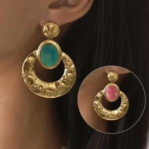 Large Round Natural Stone Stud Earrings 18K Gold-Plated Stainless Steel Non-Fading