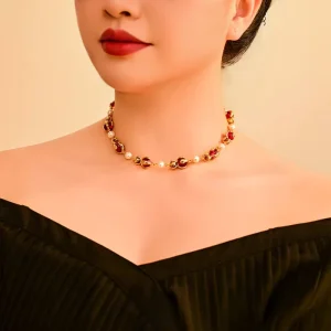 Layered Metal Chain Necklace with Red Glass Beads and Pearl Religious Jewelry