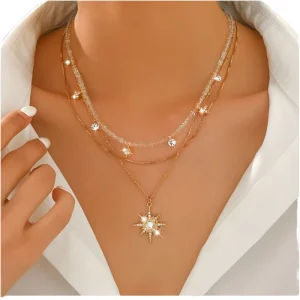 Layered Star Sun Pendant Necklace Multi Layer Charm Women Sparkling Trendy Fashion Jewelry Gift Party Luxury