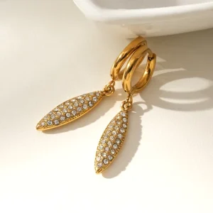 Leaf-Shaped Diamond-Studded Pendant Earrings