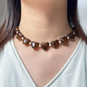 Leopard Print Acrylic Heart Charm Choker Necklace with Pearl Beads