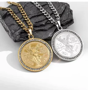 Liberty Goddess Gold Coin Pendant Stainless Steel Necklace for Couples with Full Diamond Detail