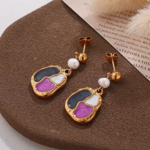 Light Luxury Gold Plated Freshwater Pearl Drop Earrings Color Block Fine Dangle Pearl Drop Earrings
