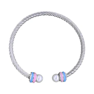Light Pink and Blue Enameled Stainless Steel Open Bangle Pearl Bracelet