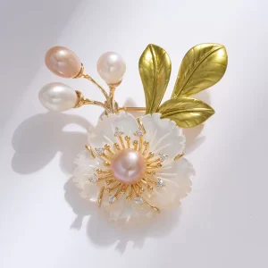 Literary Style Green Leaf Plum Freshwater Pearl Shell Flower Brooch