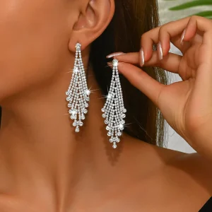Long Diamond- encrusted Party Earrings for Women