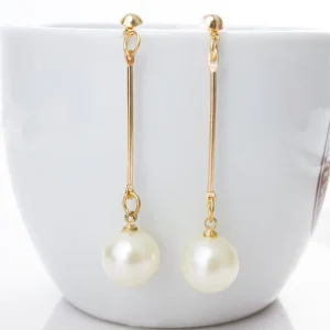 Long Gold-Plated Pearl Chain Drop Earrings