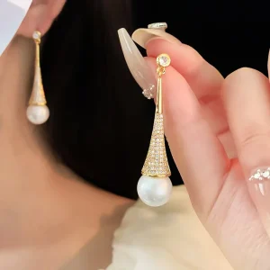 Long Pearl Geometric Drop Dangle Earrings for Women