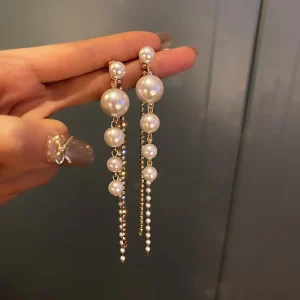 Long Pearl Tassel Earrings, Bridal Accessories
