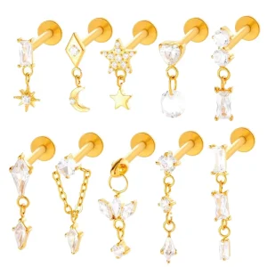 Lotus Implant G23 Titanium Clear CZ Diamond Dangle Internal Threaded Labret Cartilage Earrings Charms Fine Piercing Jewelry