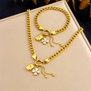 Lucky Four Leaf Clover and Star Pendant Necklace and Bracelet Jewelry Set